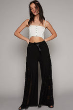 Lace contrast elastic band satin strap solid wide pants