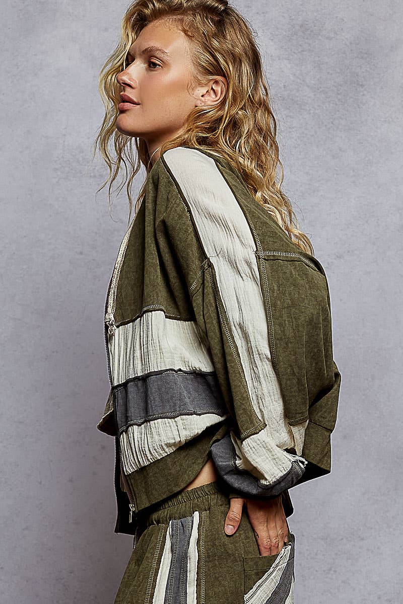 Vintage washing double gauze patch solid hooded zip up top