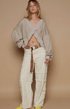 Oversize V-Neck Cut Out Rib Band Long Sleeve V