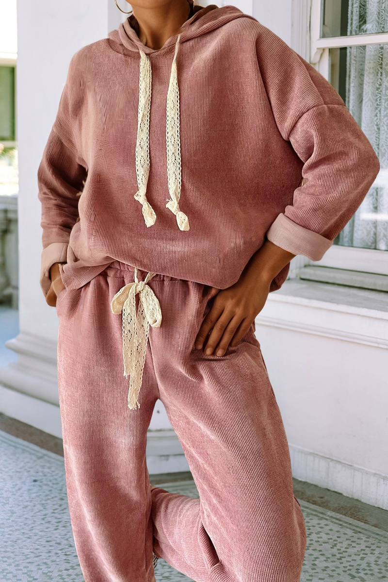 Lace Drawstring Pullover Hoodie and Pants Corduroy Suit