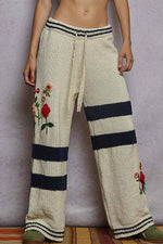 Striped pattern 3D embroidered detail chenille sweater pants
