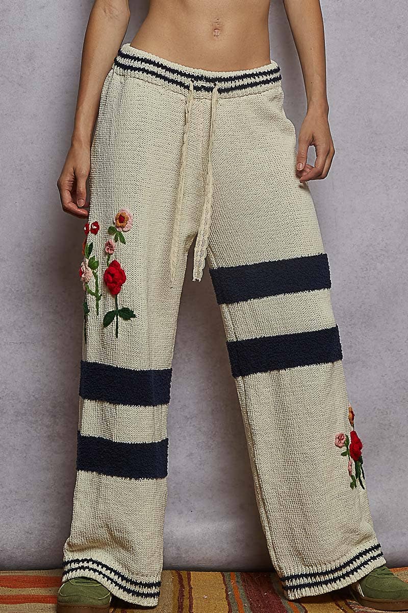 Striped pattern 3D embroidered detail chenille sweater pants