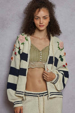 Striped pattern 3D embroidered hoodie zip-up sweater top