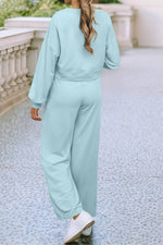 Drop Shoulder Pullover Drawstring Wide Leg Pants Set