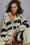 Striped pattern 3D embroidered hoodie zip-up sweater top