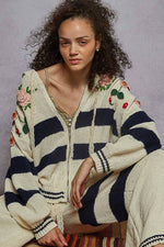 Striped pattern 3D embroidered hoodie zip-up sweater top