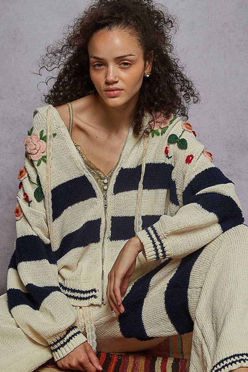Striped pattern 3D embroidered hoodie zip-up sweater top