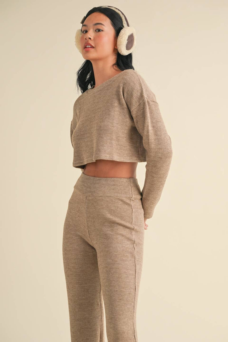 Waffle Knit Long Sleeve Crop Top and High Waist Flare Pants