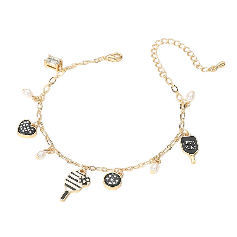 Lets Play Message Enamel Pickleball Pearl Charm Bracelet: BNW