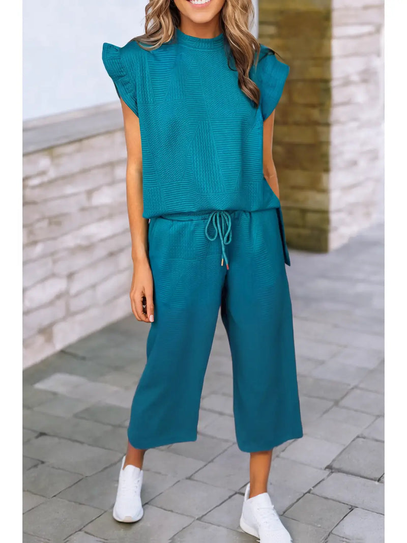 Ruffled Sleeve Summer Top and Cropped Loose Pants Set