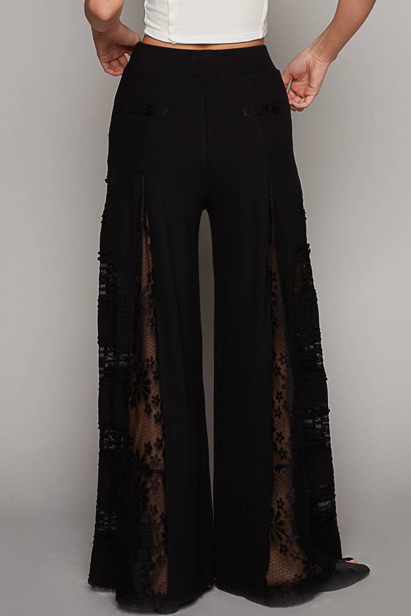 Lace contrast elastic band satin strap solid wide pants