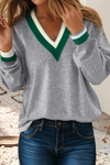 Contrast Striped Trim V Neck Casual Sweater