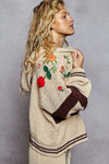 Striped pattern 3D embroidered hoodie zip-up sweater top