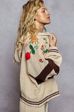 Striped pattern 3D embroidered hoodie zip-up sweater top