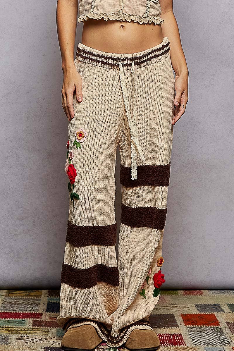 Striped pattern 3D embroidered detail chenille sweater pants