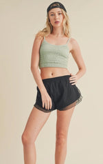 High Waisted Active Shorts with Sheer Ruffle Trim