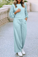 Drop Shoulder Pullover Drawstring Wide Leg Pants Set