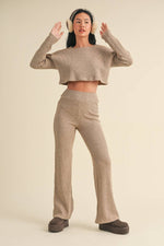 Waffle Knit Long Sleeve Crop Top and High Waist Flare Pants