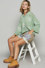 V-neck long sleeve floral print hoodie sweater