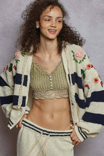 Striped pattern 3D embroidered hoodie zip-up sweater top
