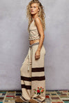 Striped pattern 3D embroidered detail chenille sweater pants