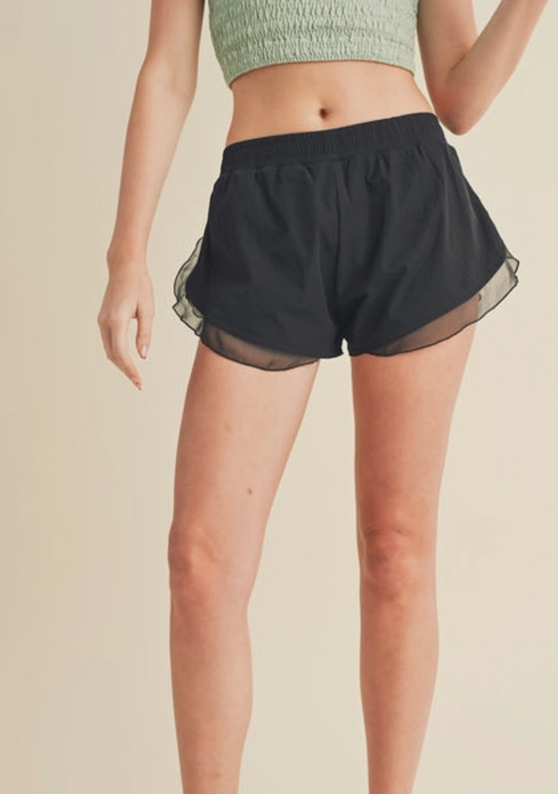 High Waisted Active Shorts with Sheer Ruffle Trim