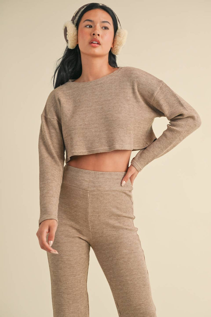 Waffle Knit Long Sleeve Crop Top and High Waist Flare Pants