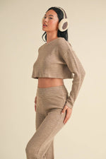 Waffle Knit Long Sleeve Crop Top and High Waist Flare Pants