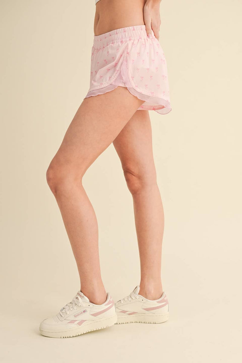 Bow Print Active Shorts with Ruffle Trim