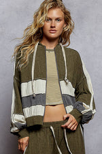 Vintage washing double gauze patch solid hooded zip up top