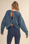 Denim Wash Cutout Back Layering Fleece-Lined Sweatshirt
