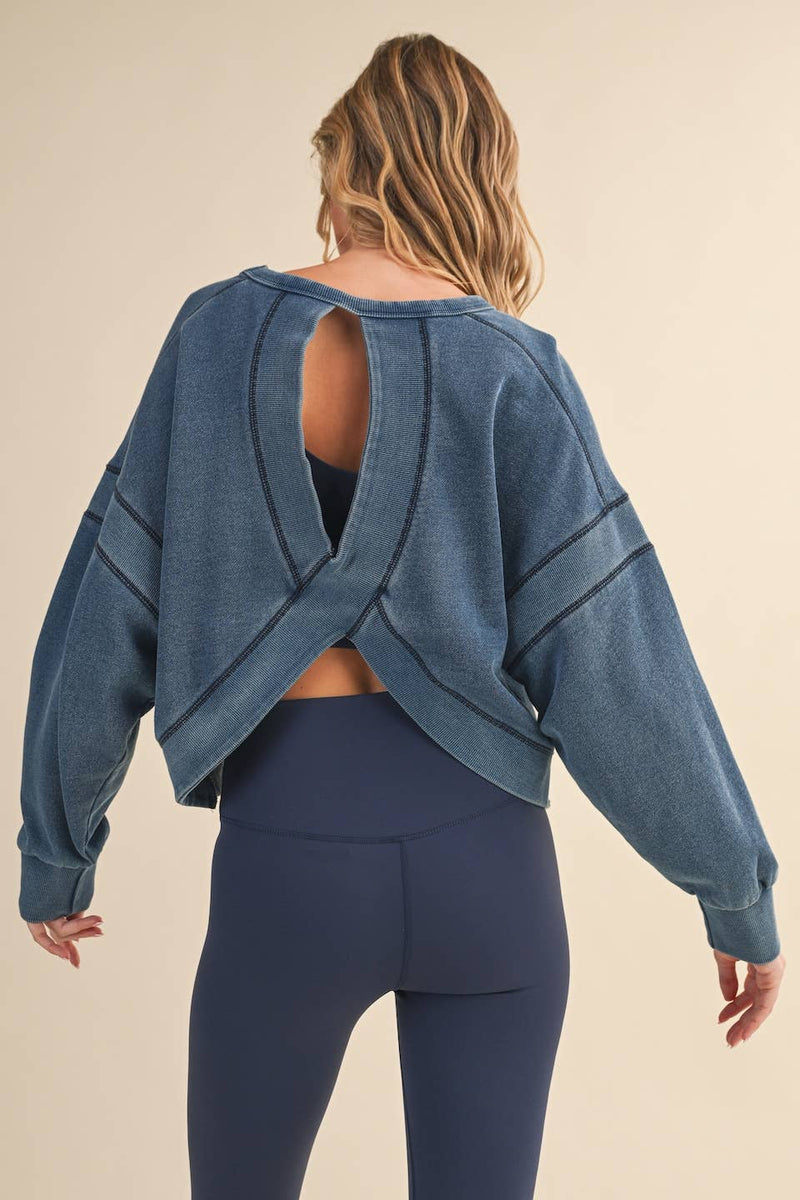 Denim Wash Cutout Back Layering Fleece-Lined Sweatshirt