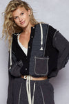 Cut sew multi fabric hooded shacket