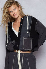 Cut sew multi fabric hooded shacket