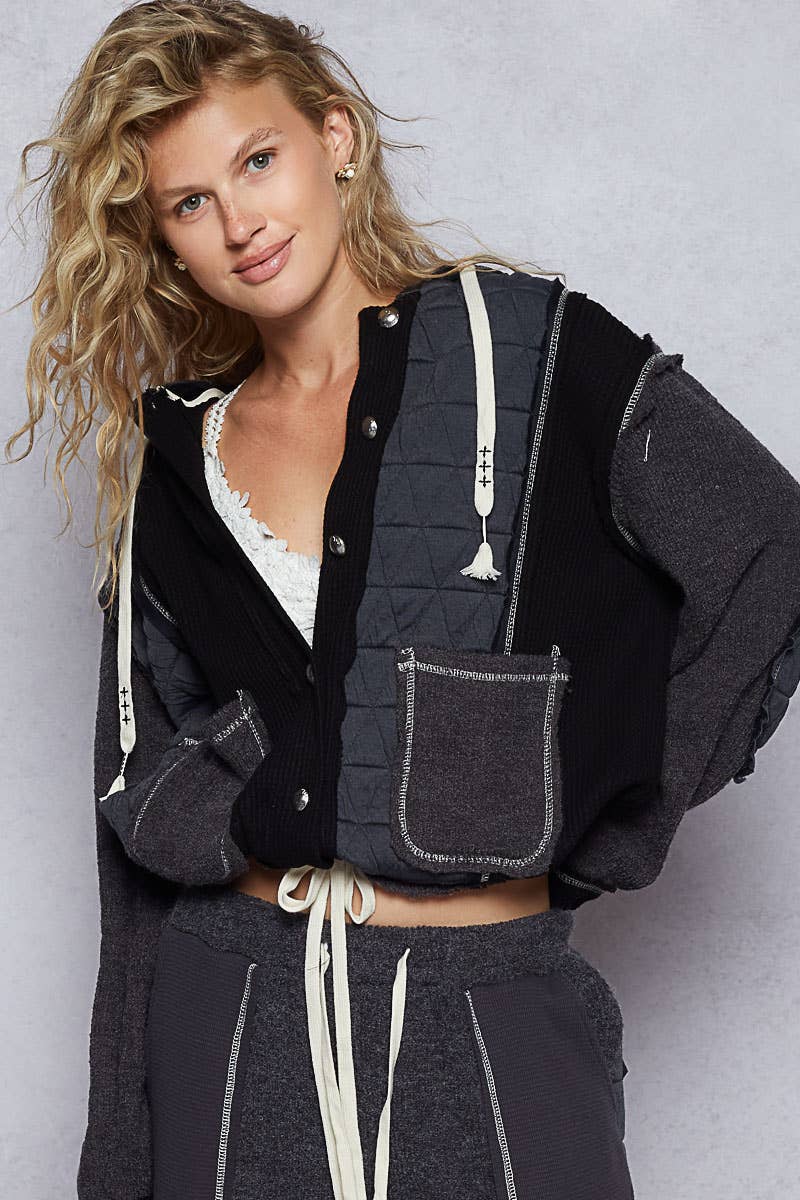 Cut sew multi fabric hooded shacket