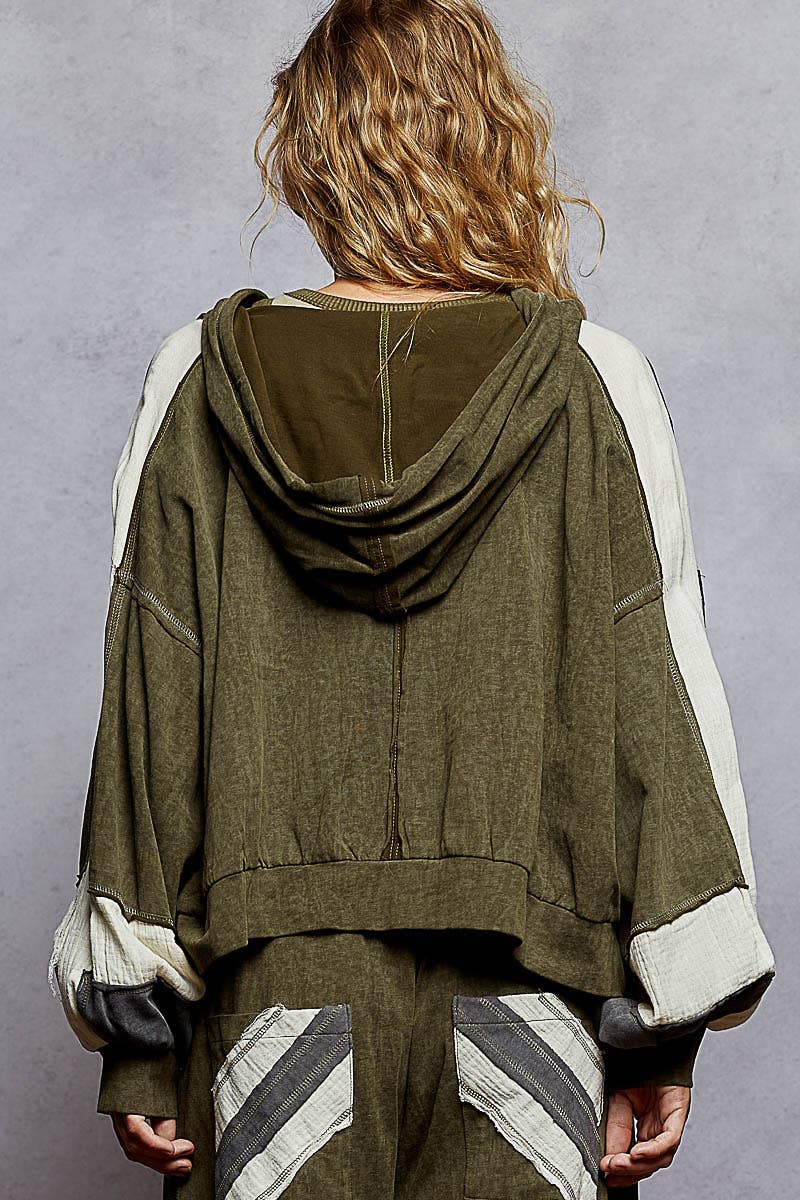 Vintage washing double gauze patch solid hooded zip up top