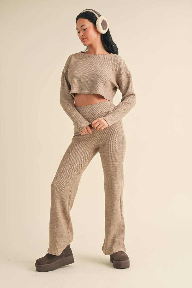 Waffle Knit Long Sleeve Crop Top and High Waist Flare Pants