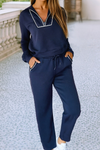 Contrast Piping Zipped Pullover Cropped Pants Set