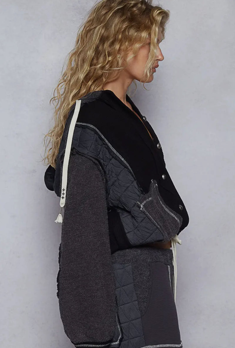 Cut sew multi fabric hooded shacket
