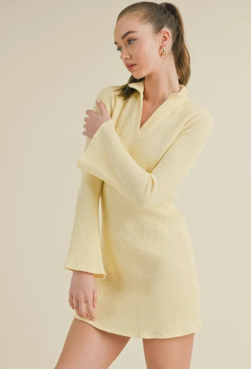 Waffle Knits Collared Bell Sleeve dress