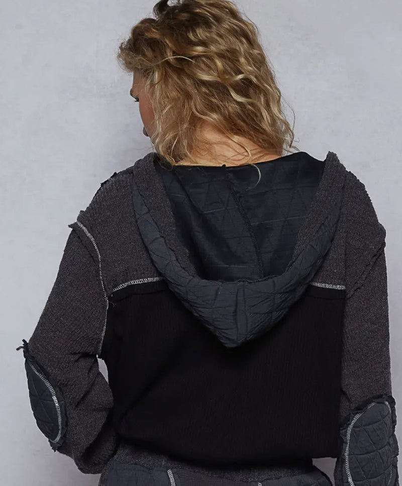 Cut sew multi fabric hooded shacket