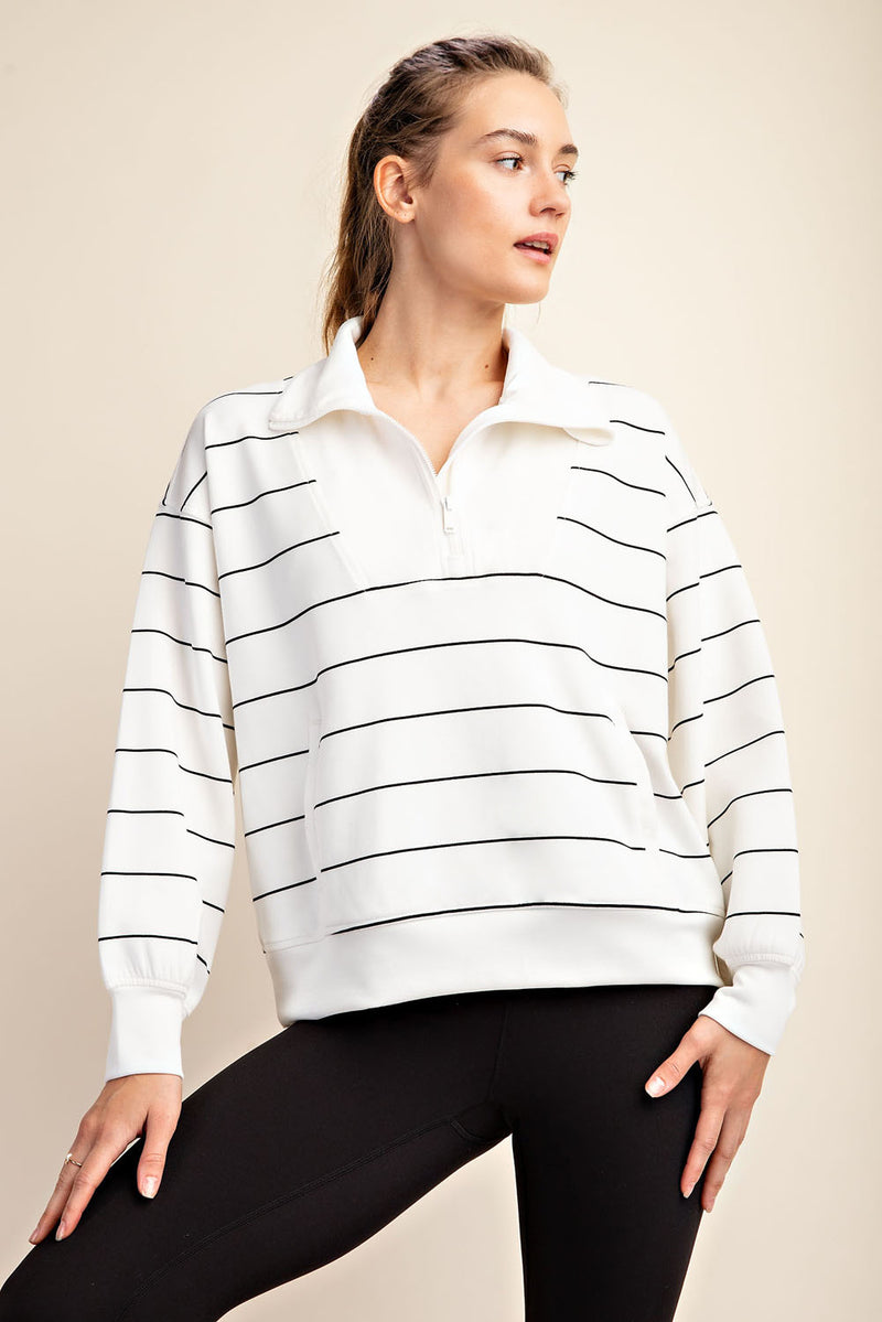 Modal Poly Span Stripe Quarter Zip Mock Neck Pullover