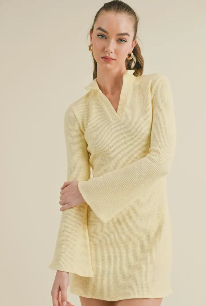 Waffle Knits Collared Bell Sleeve dress