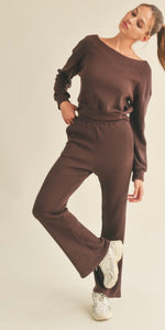Waffle knit off shoulder sweatshirt and flare set