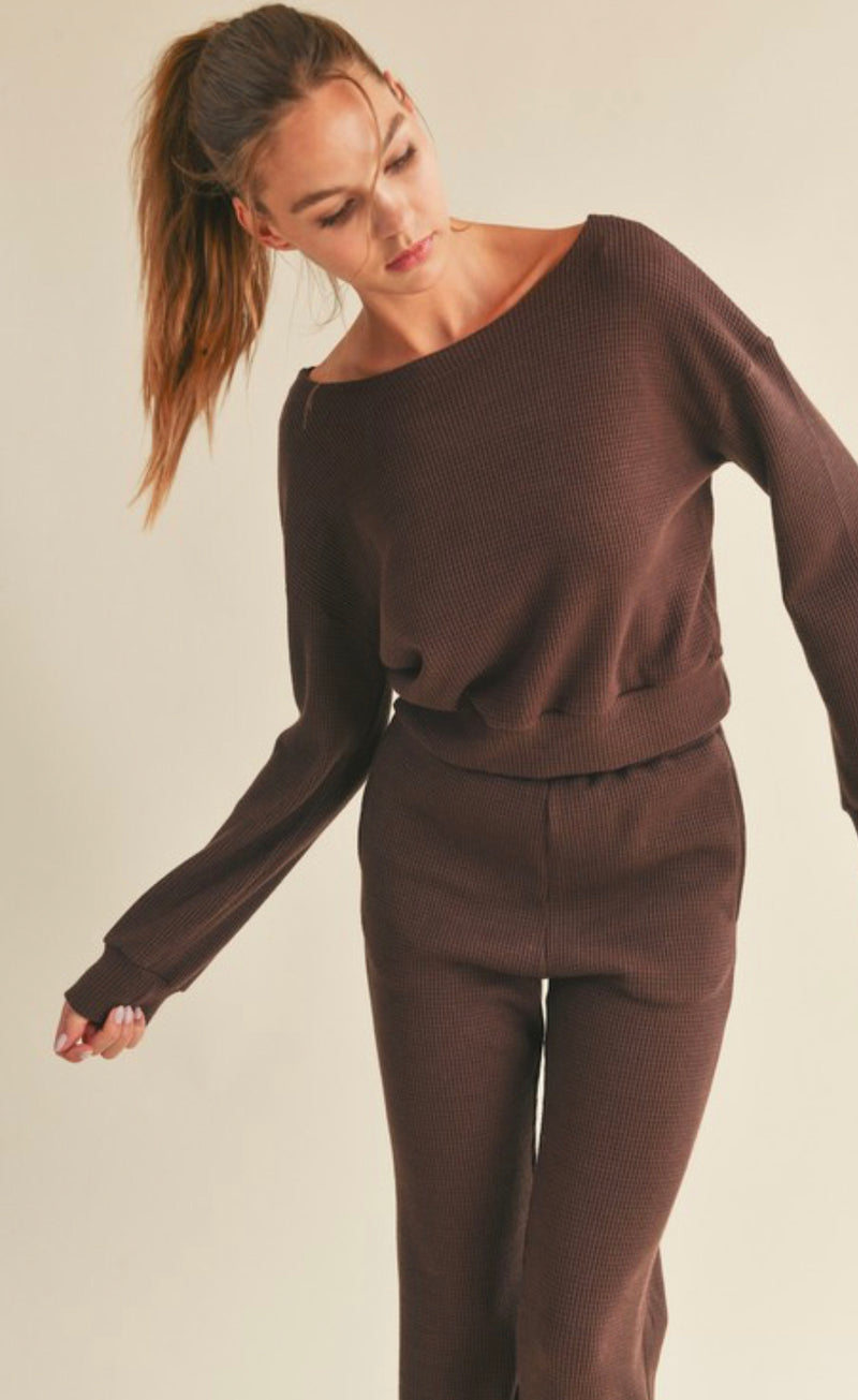 Waffle knit off shoulder sweatshirt and flare set