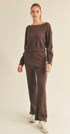 Waffle knit off shoulder sweatshirt and flare set