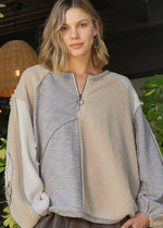 1/2 Zipper Round Neck Front Pouch Pocket Sweater Top