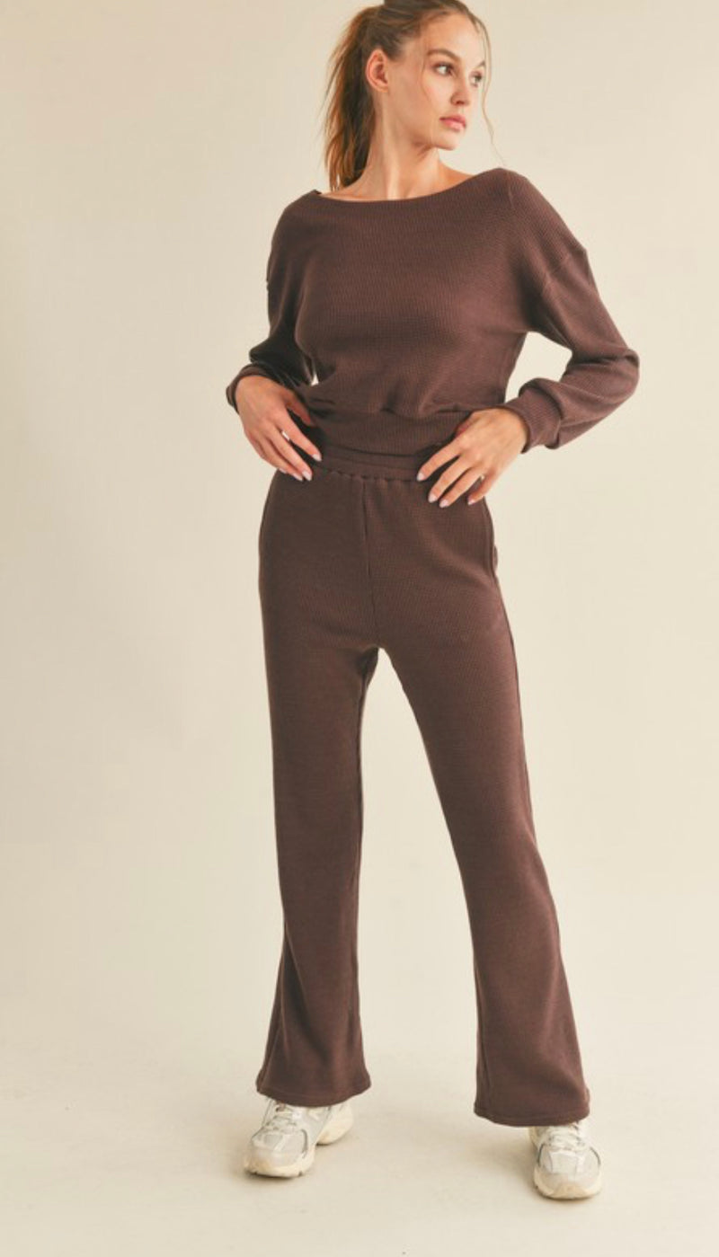 Waffle knit off shoulder sweatshirt and flare set