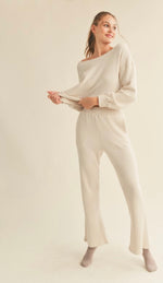 Waffle knit off shoulder sweatshirt and flare set