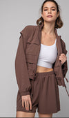Crinkle Woven Fabric Crop Jacket with Chest Pockets